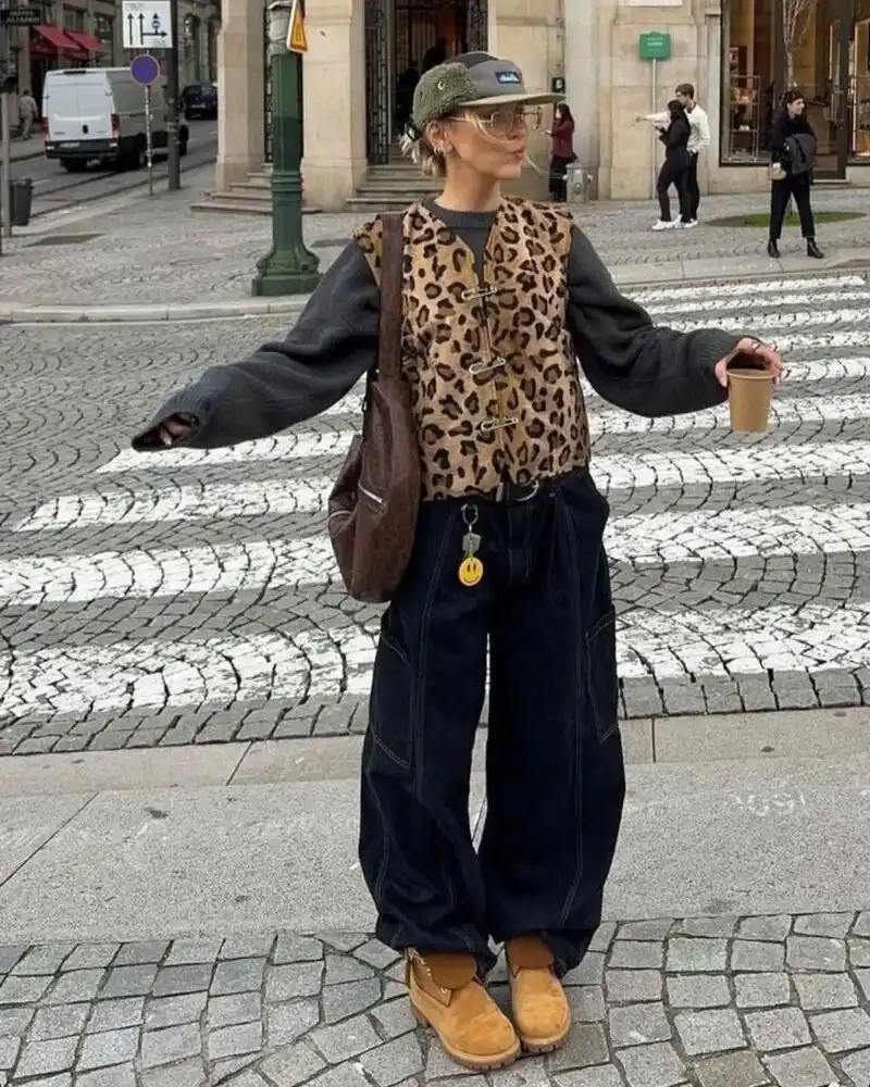 Leopard Print Vest + Black Sweater + Dark Denim