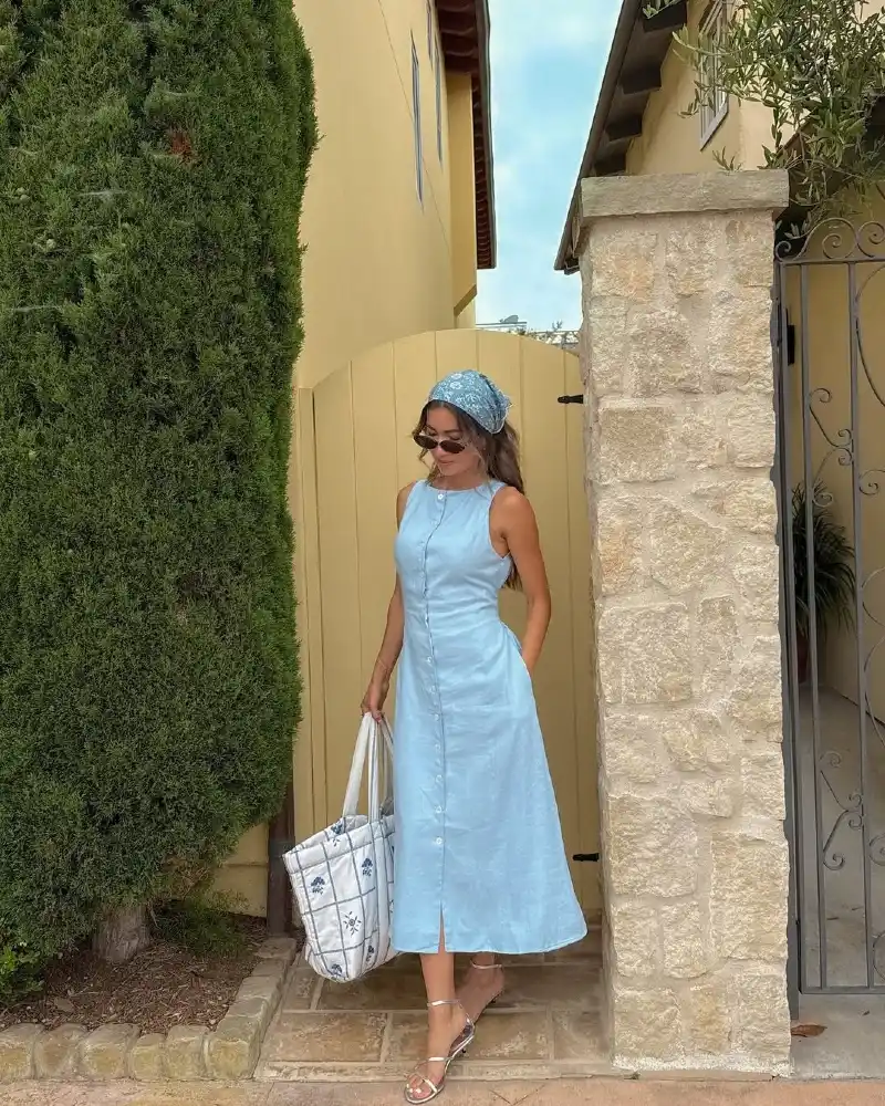 Light Blue Button-Front Midi Dress