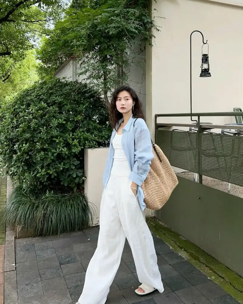 Light Blue Linen Shacket, White Linen Trousers