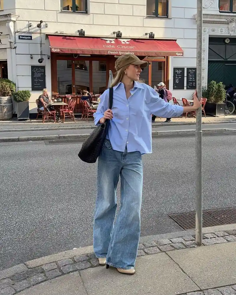 Light Blue Shirt & Wide-Leg Jeans