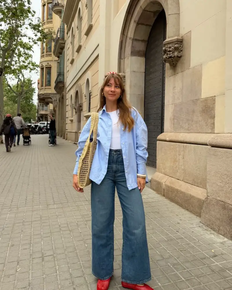 Light Blue Shirt with a Straw Tote