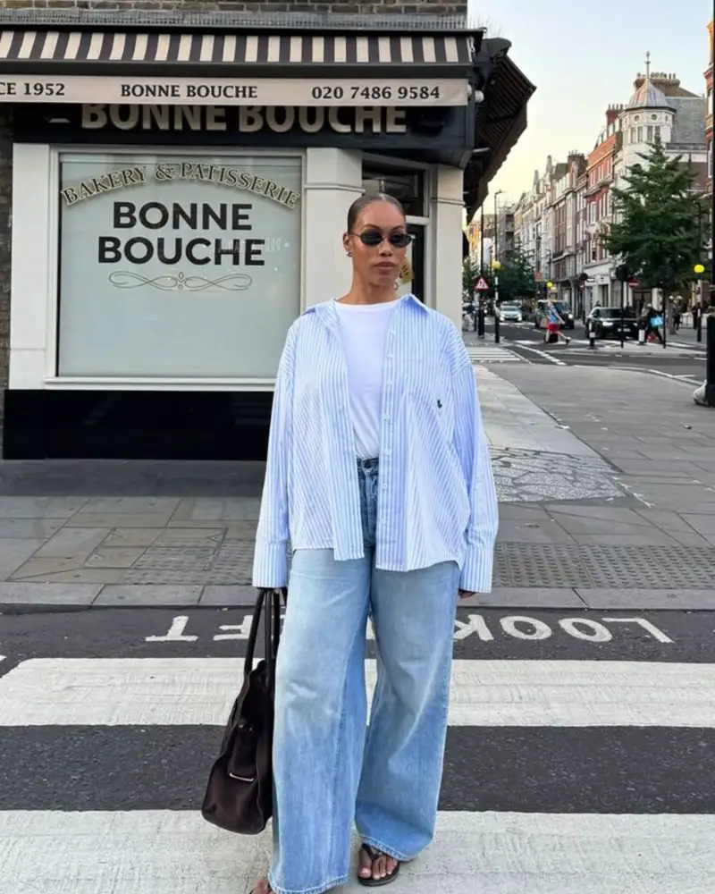  Light Blue Striped Shirt with Faded Denim