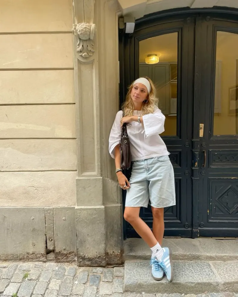Light Denim Shorts & White Blouse