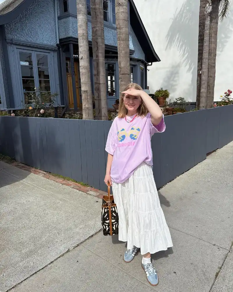  Lilac Graphic Tee Meets Breezy White Skirt