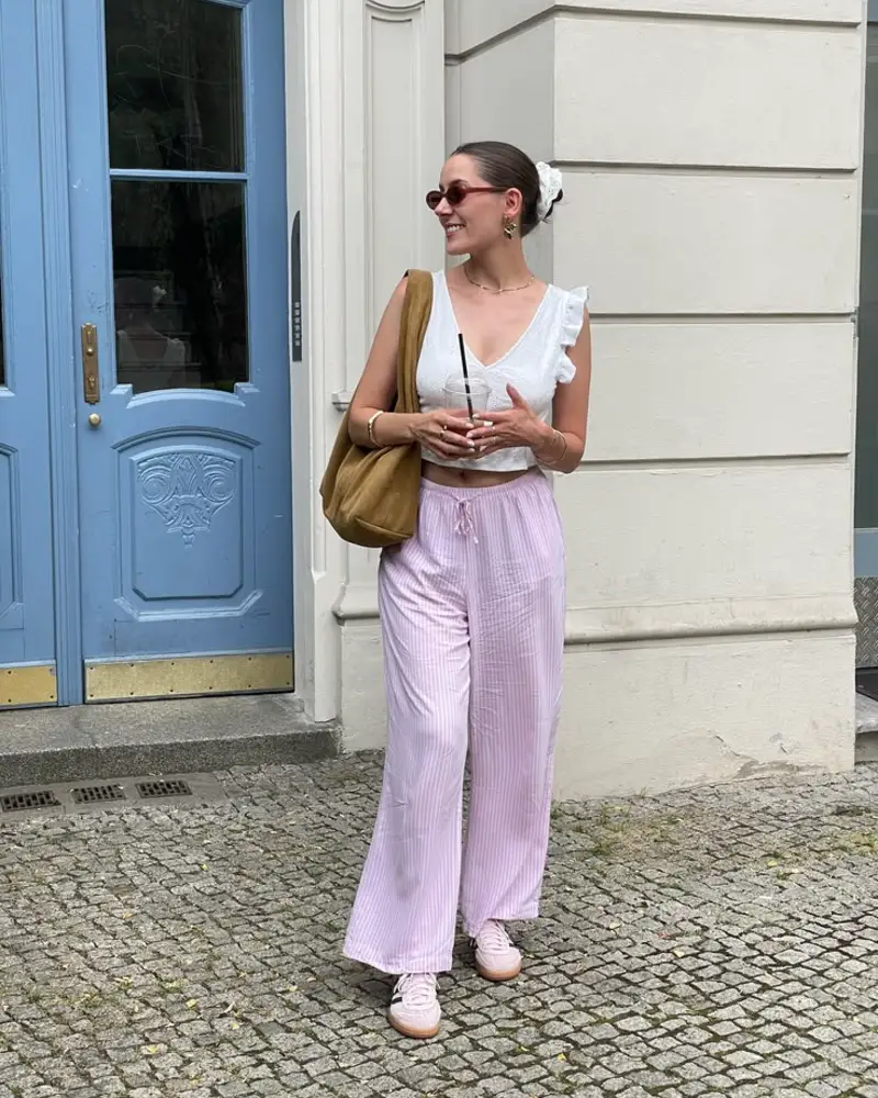Lilac Pants and Pink Sneakers by the Blue Door