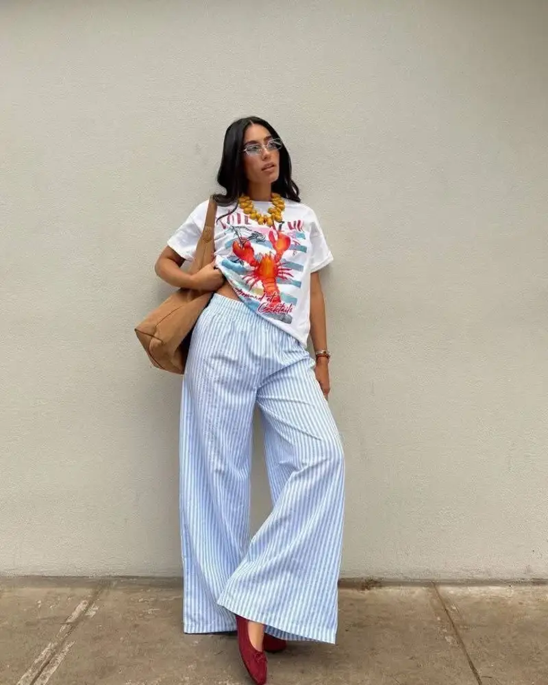 Lobster Tee & Striped Wide-Leg Pants