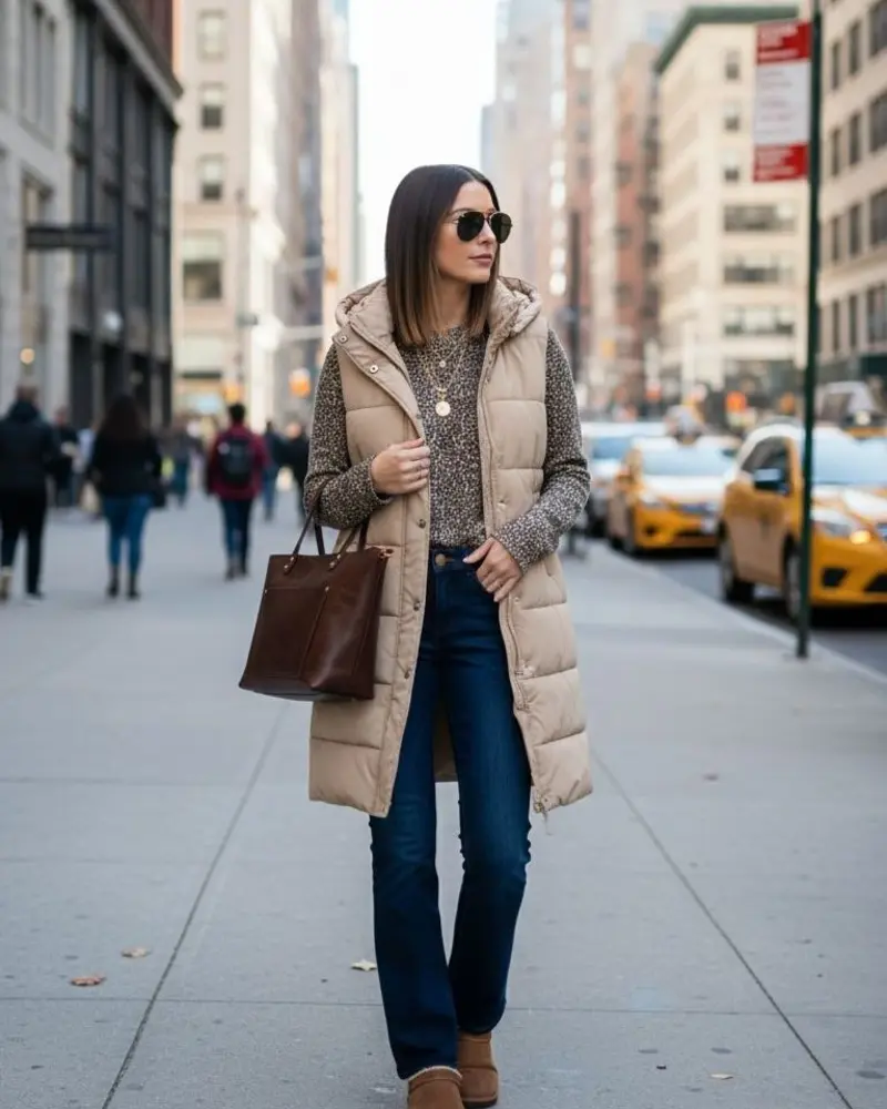Long Puffer Vest Over a Printed Sweater
