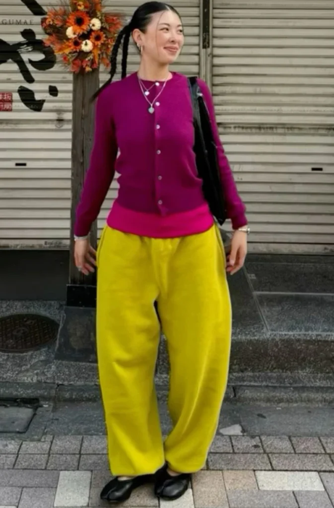 Magenta Cardigan & Chartreuse Trousers