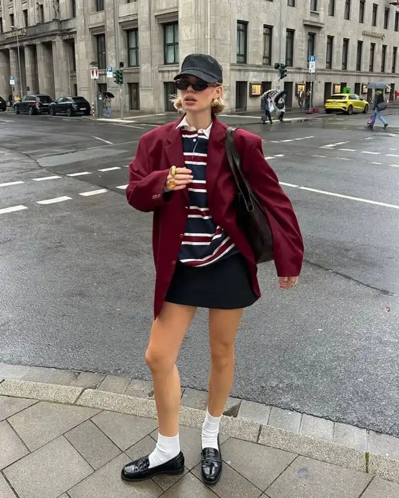 Maroon Blazer + Striped Polo + Mini Skirt