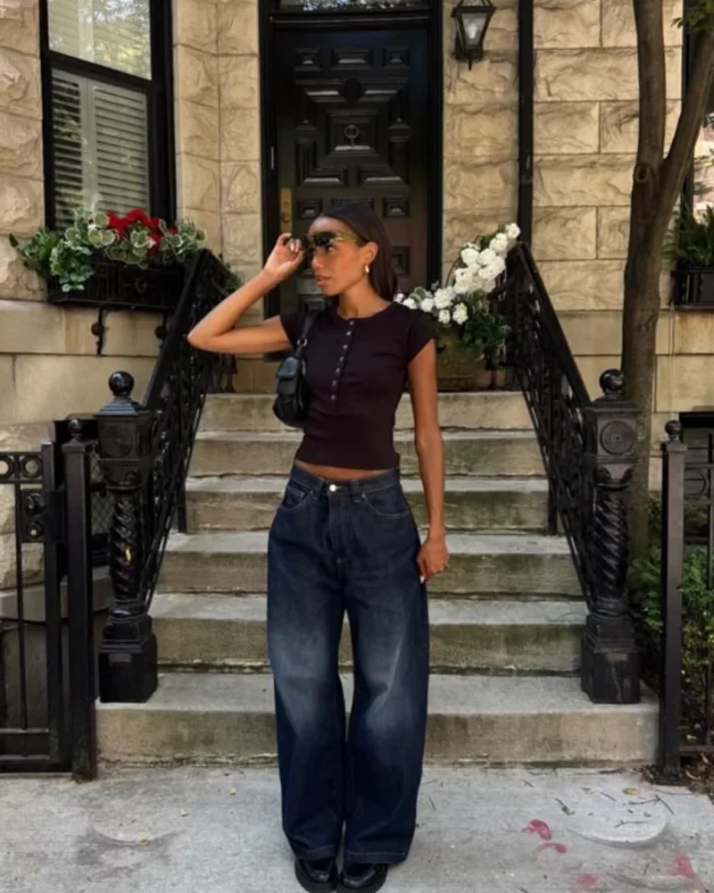 Maroon Button Top & Dark Wide-Leg Jeans