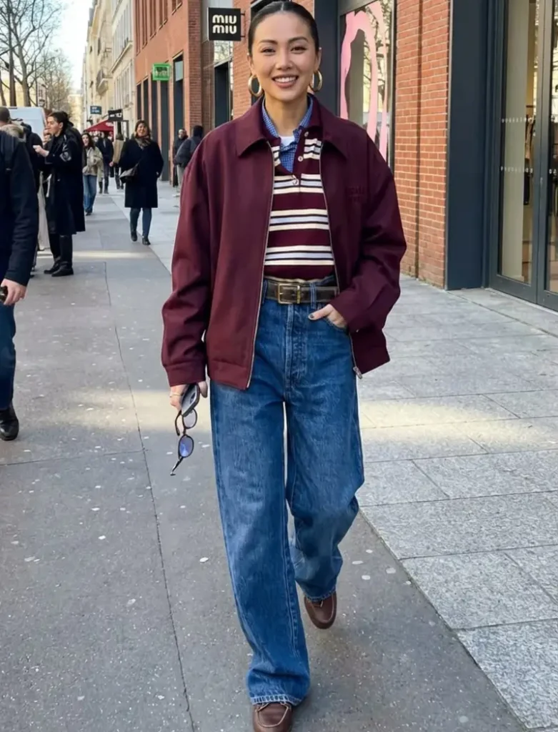Maroon Zip Jacket and Wide Denim