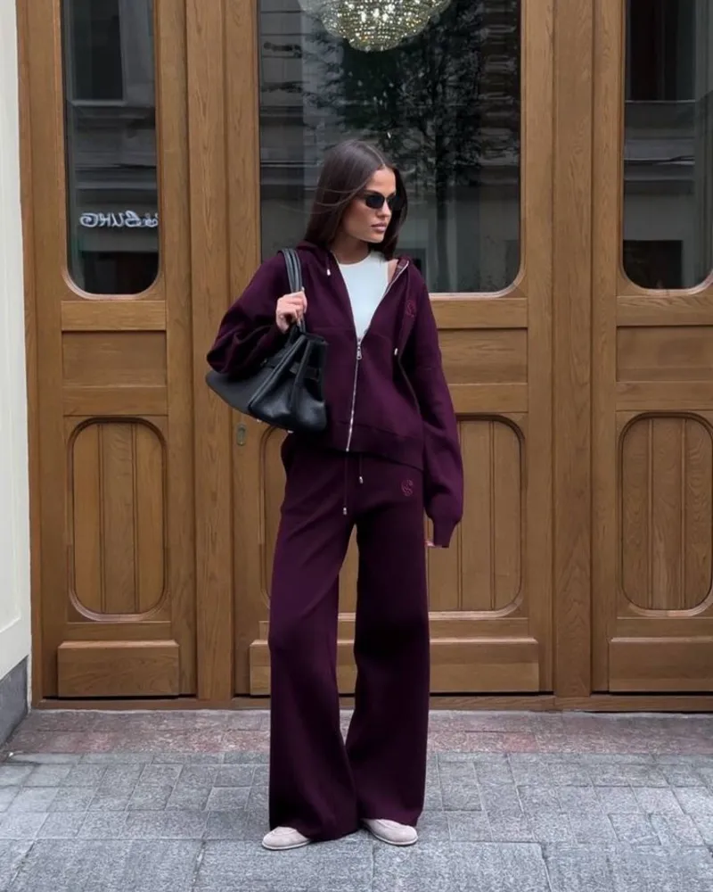 Matching Burgundy Zip-Up and Wide-Leg Sweatpants