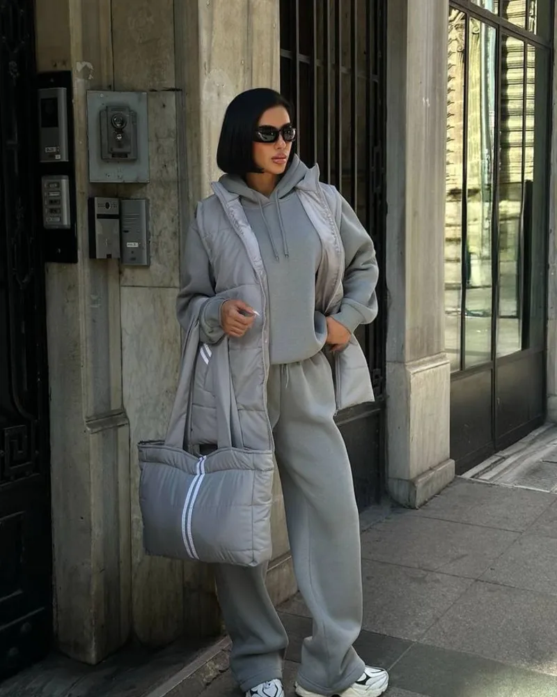 Matching Grey Set, Puffer Vest, Structured Bag