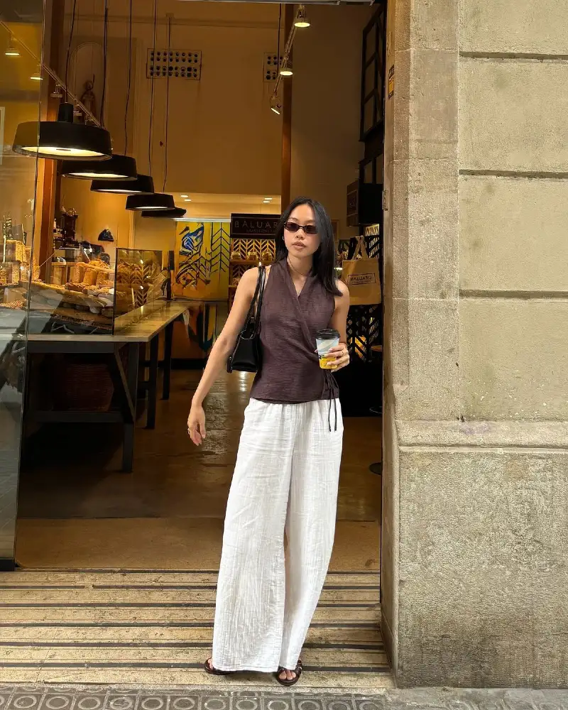 Mauve Wrap Top & White Linen Trousers