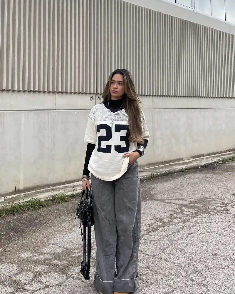  Mesh-Yoke Knit Jersey + Wide Trousers