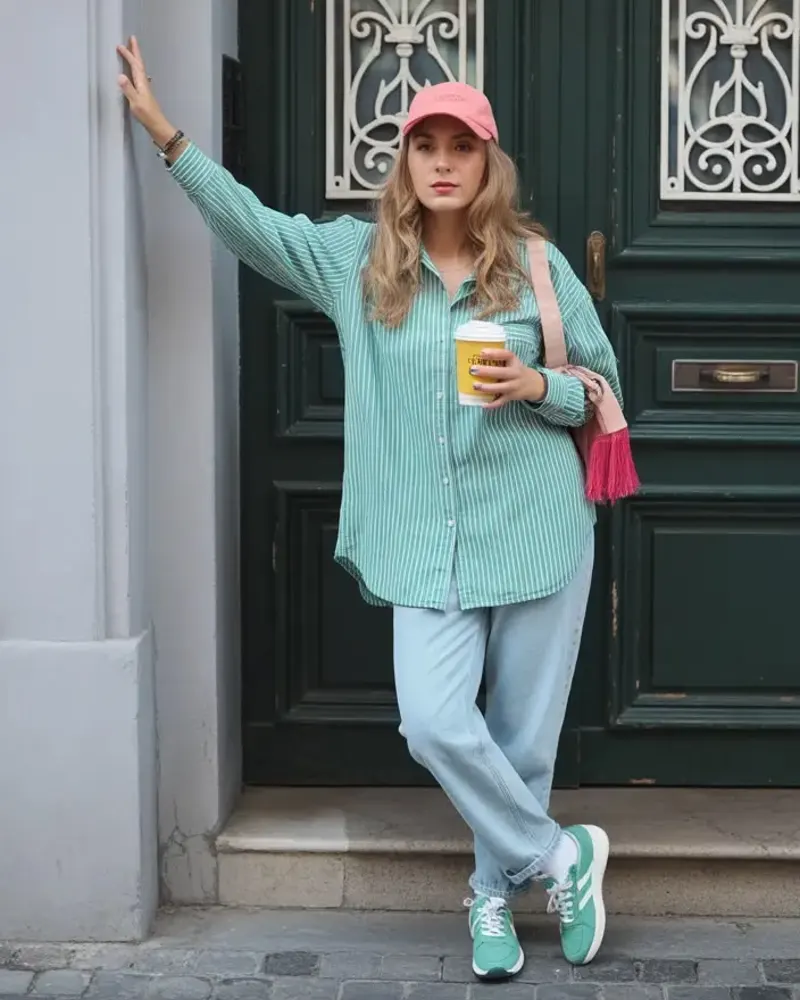 Mint Stripes and a Pink Cap Against a Green Door