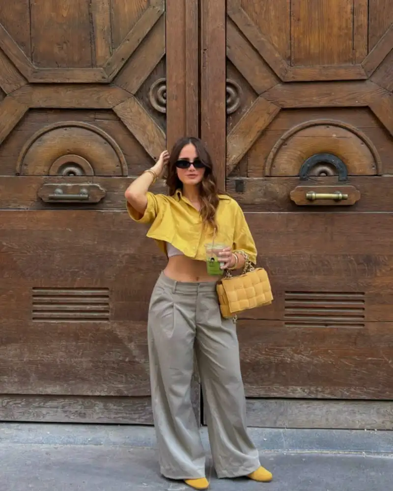 Mustard Cropped Shirt & Grey Wide-Leg Pants