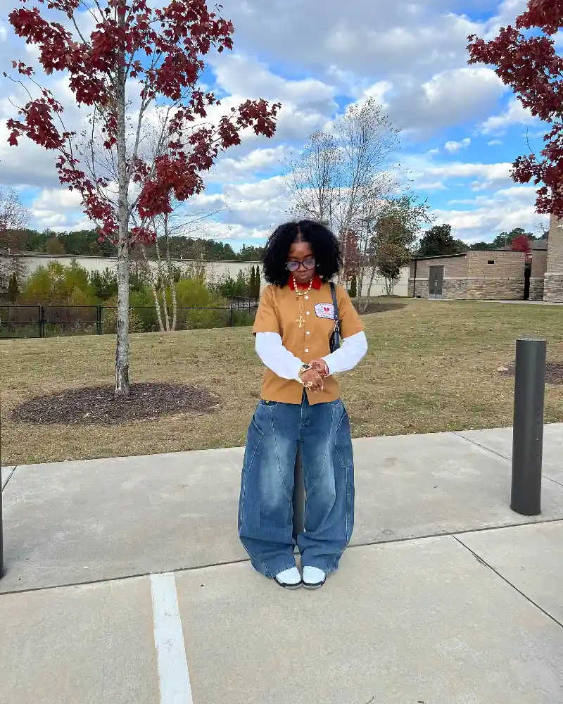 Mustard Layered Top + Wide-Leg Jeans