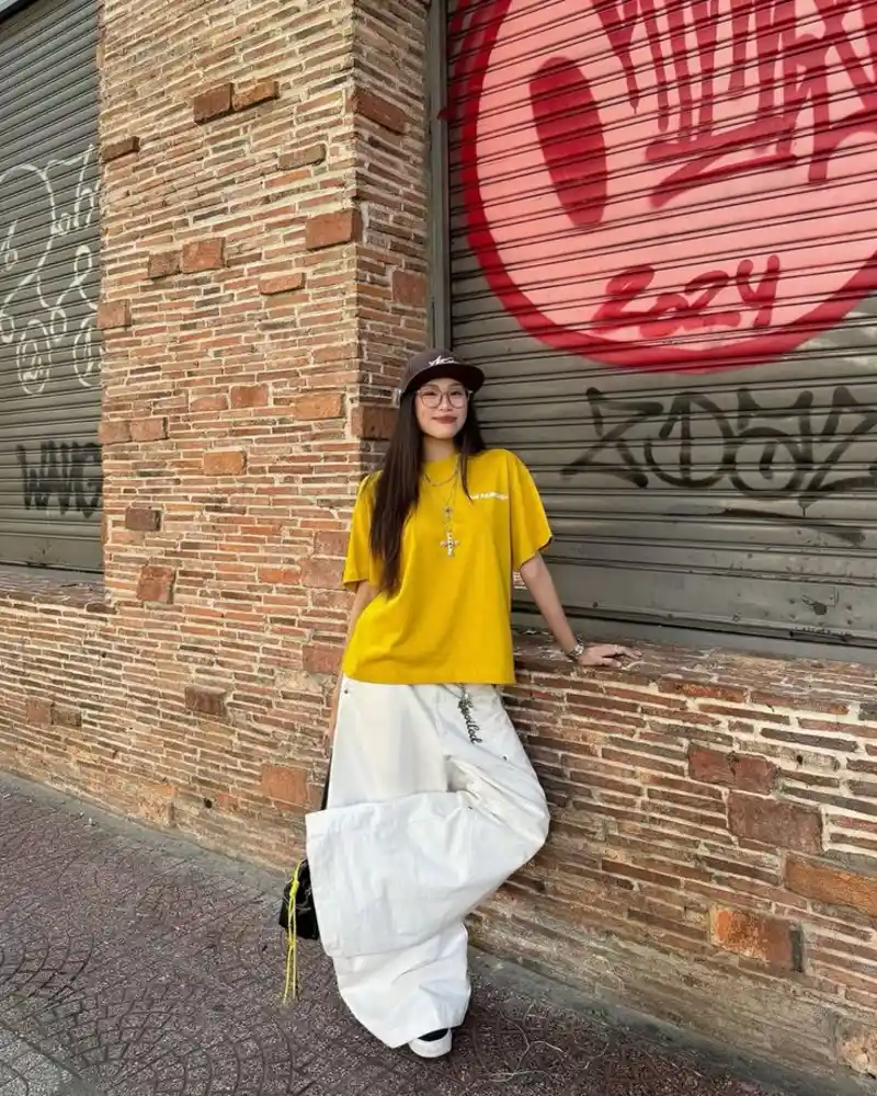 Mustard Tee & White Wide Pants