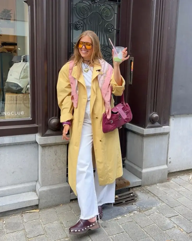 Mustard Trench with Pink Scarf Detail
