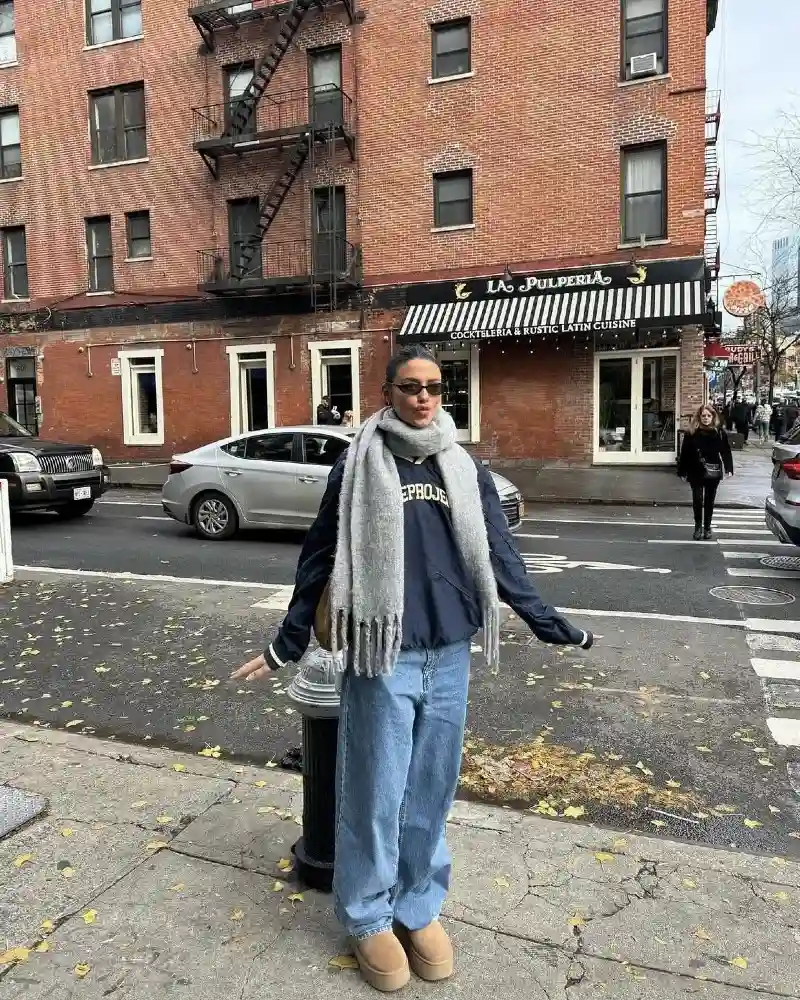 Navy Bomber, Grey Scarf and Baggy Jeans