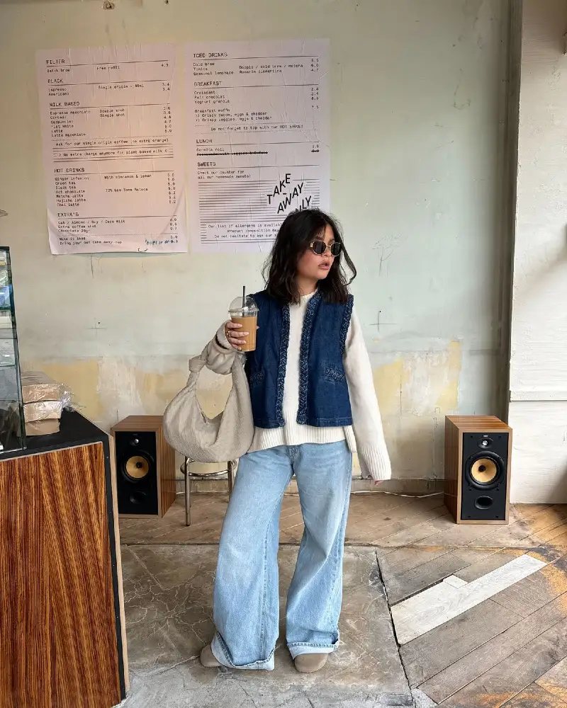  Navy Braided Denim Vest + Cream Sweater + Light Jeans