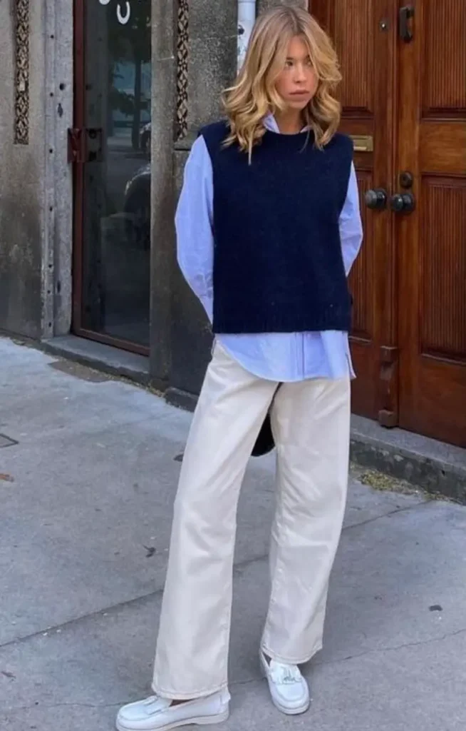 Navy Knit Vest + Light Blue Shirt + Cream Trousers