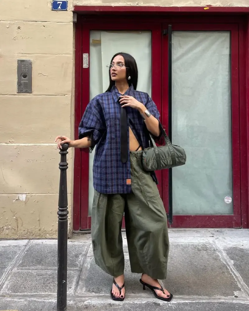 Navy Plaid Shirt with Olive Wide-Leg Trousers