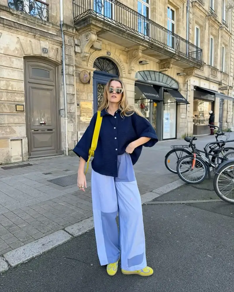  Navy Shirt and Light Blue Patchwork Pants