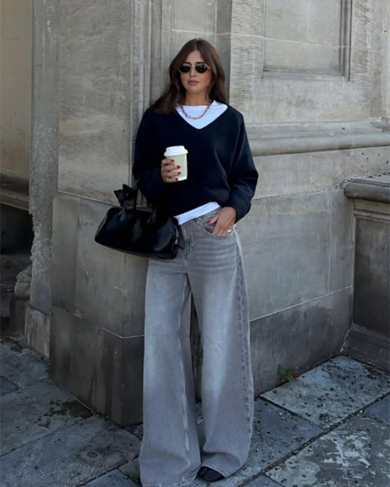  Navy Sweater & Grey Wide Jeans