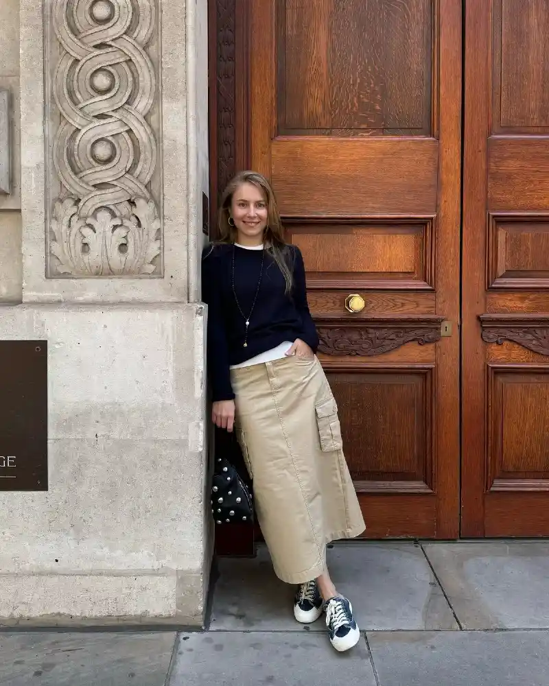 Navy Sweater & Khaki Cargo Skirt