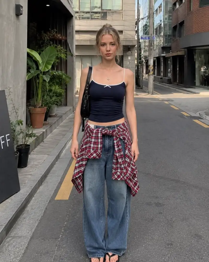 Navy Tank Top and Flannel-Tied Wide-Leg Jeans