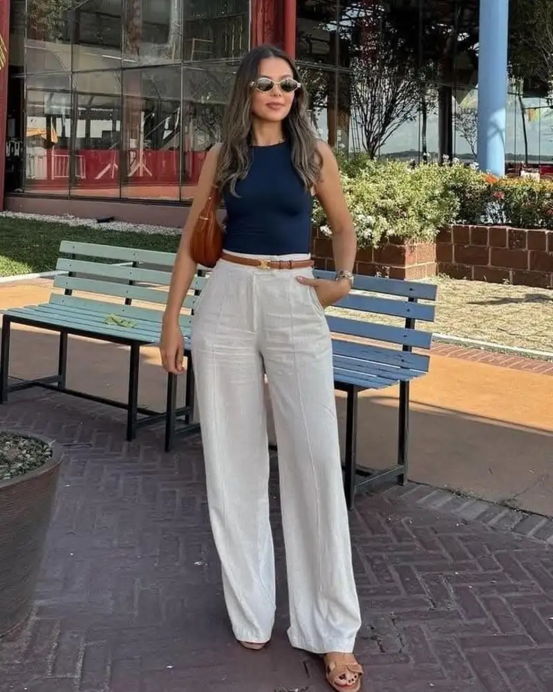 Navy Tank With Wide-Leg Linen Trousers