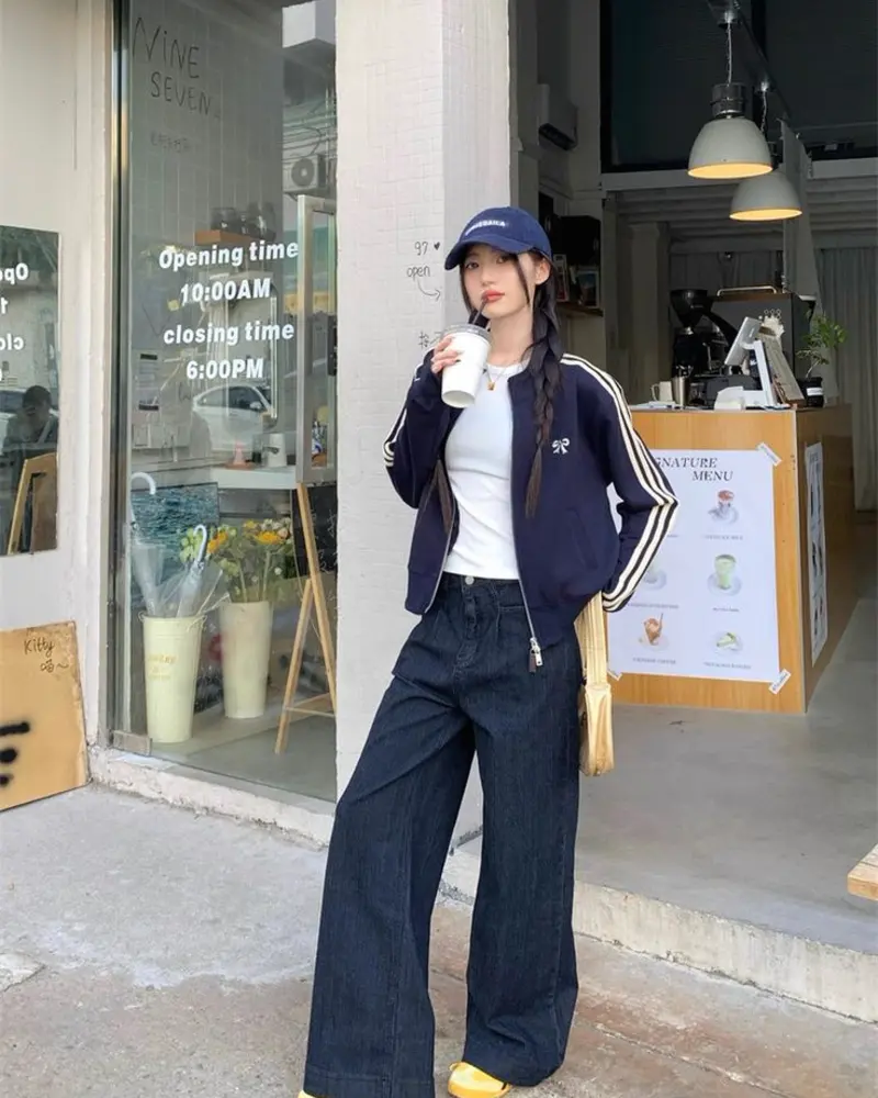 Navy Track Jacket & Wide Dark Denim