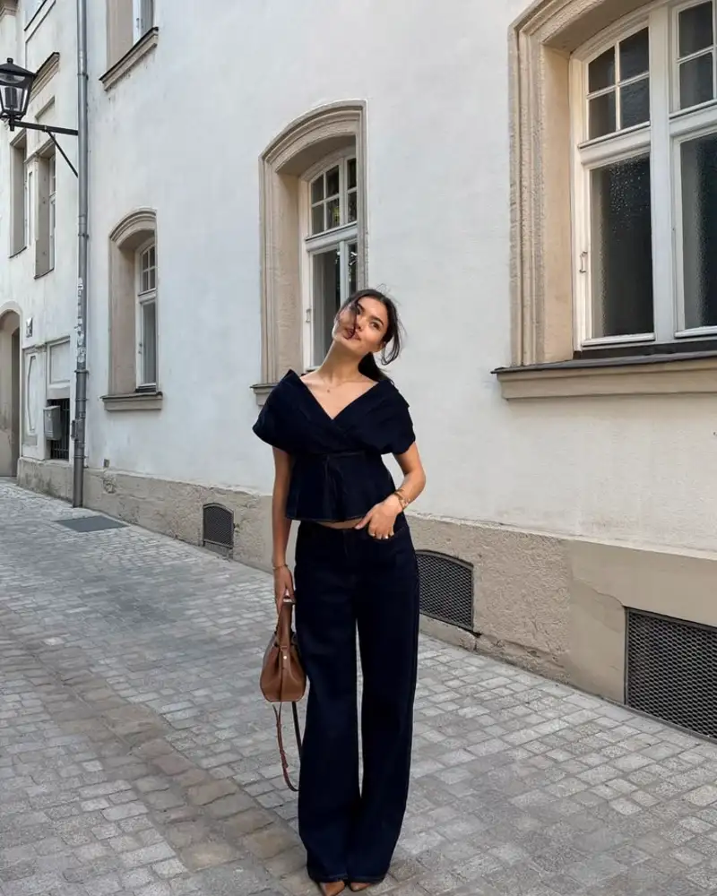 Navy wrap top, navy wide-leg denim