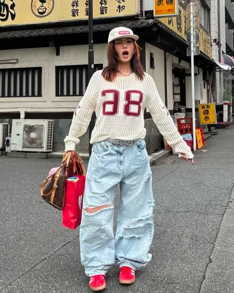 Numbered Knit Sweater with Ripped Wide-Leg Jeans