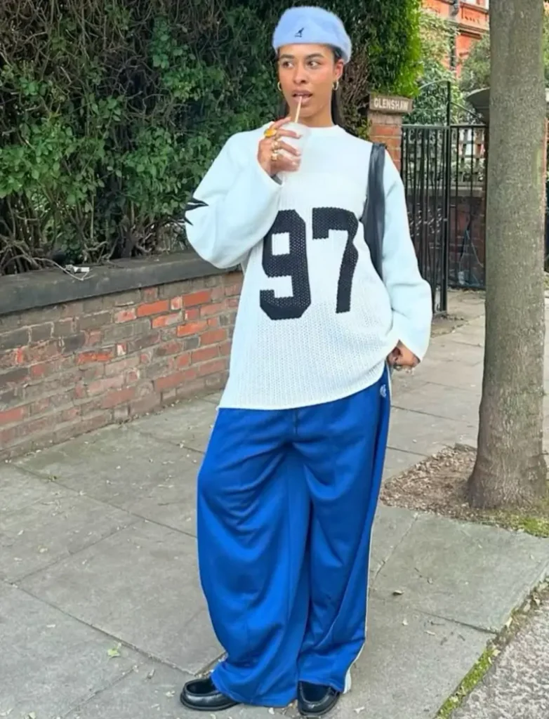 Numbered Sweater with Bold Blue Trousers