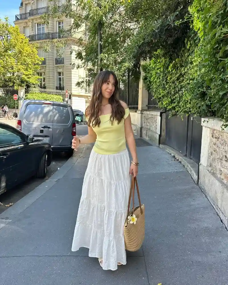 Off-Shoulder Yellow Top With Tiered White Skirt