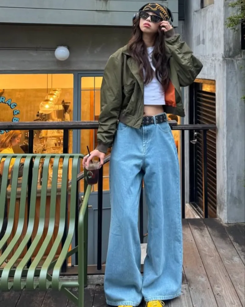 Olive Bomber & Baggy Light Jeans