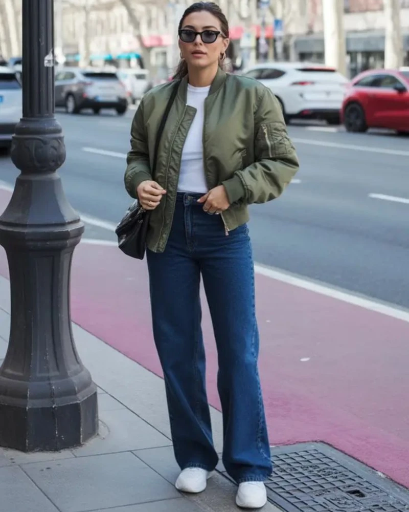 Olive Bomber, White Tee and Wide-Leg Jeans