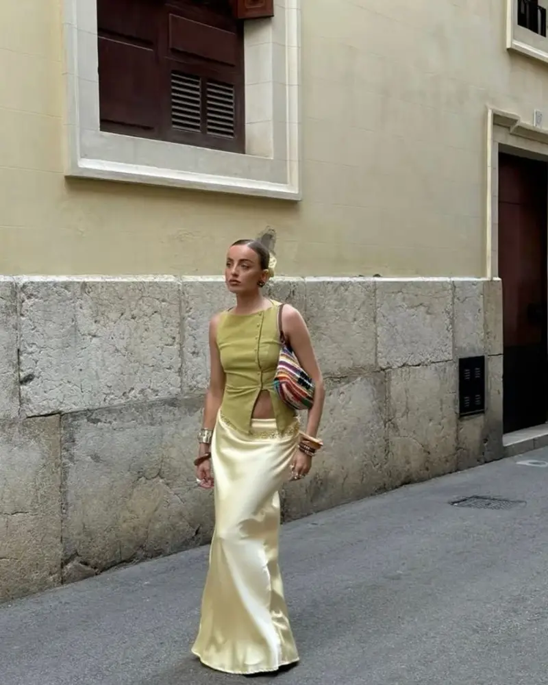 Olive Green Peplum Top & Pale Yellow Satin Skirt