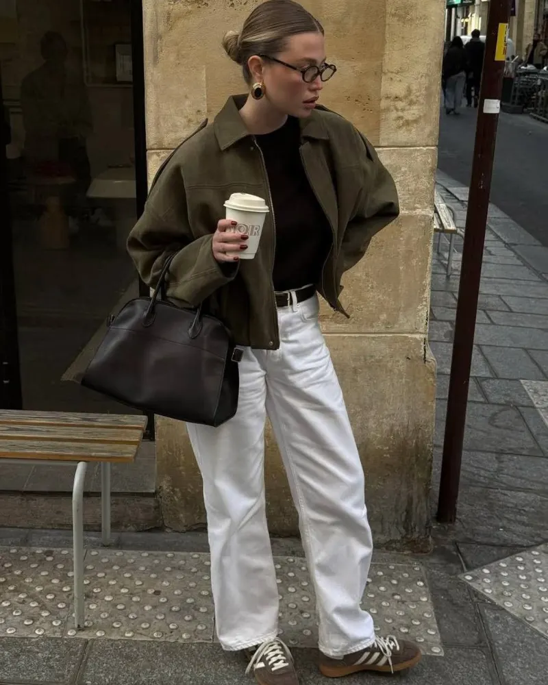 Olive Jacket + Black Top + White Jeans