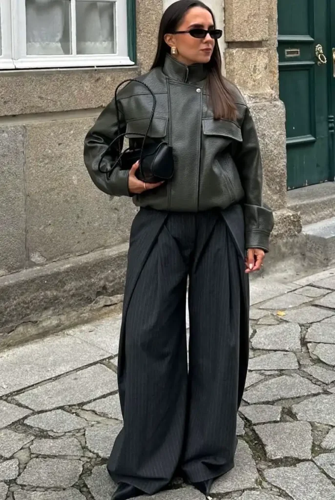 Olive Leather Jacket + Draped Trousers