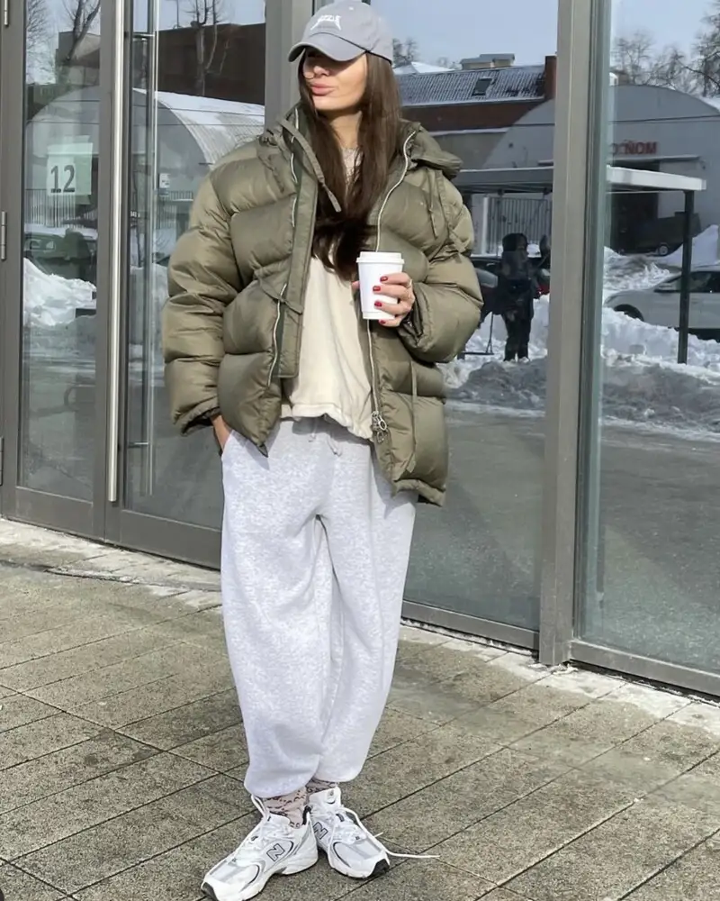Olive Puffer Jacket + Cream Sweatshirt + Grey Sweatpants