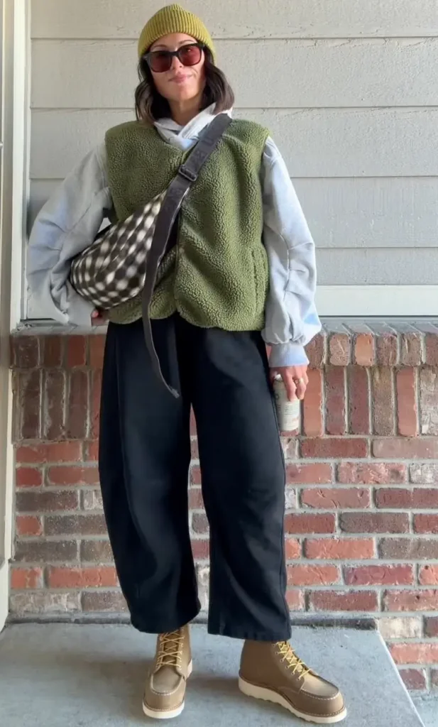 Olive Teddy Vest + Grey Sweatshirt + Black Trousers