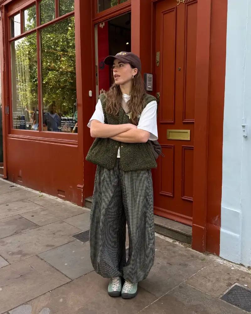 Olive Teddy Vest + White Tee + Checked Trousers