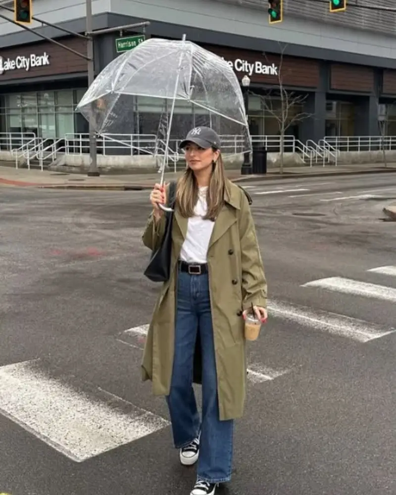 Olive Trench, Tee & Wide-Leg Jeans