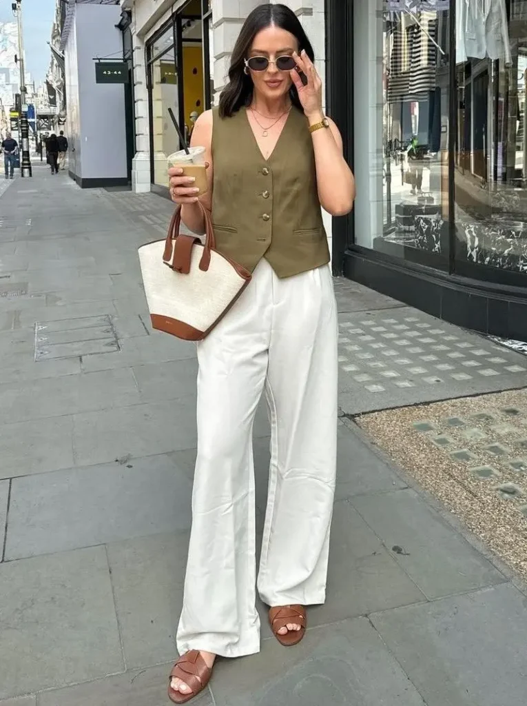 Olive Vest & Ivory Satin Trousers