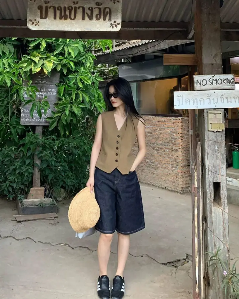 Olive Vest and Denim Culottes