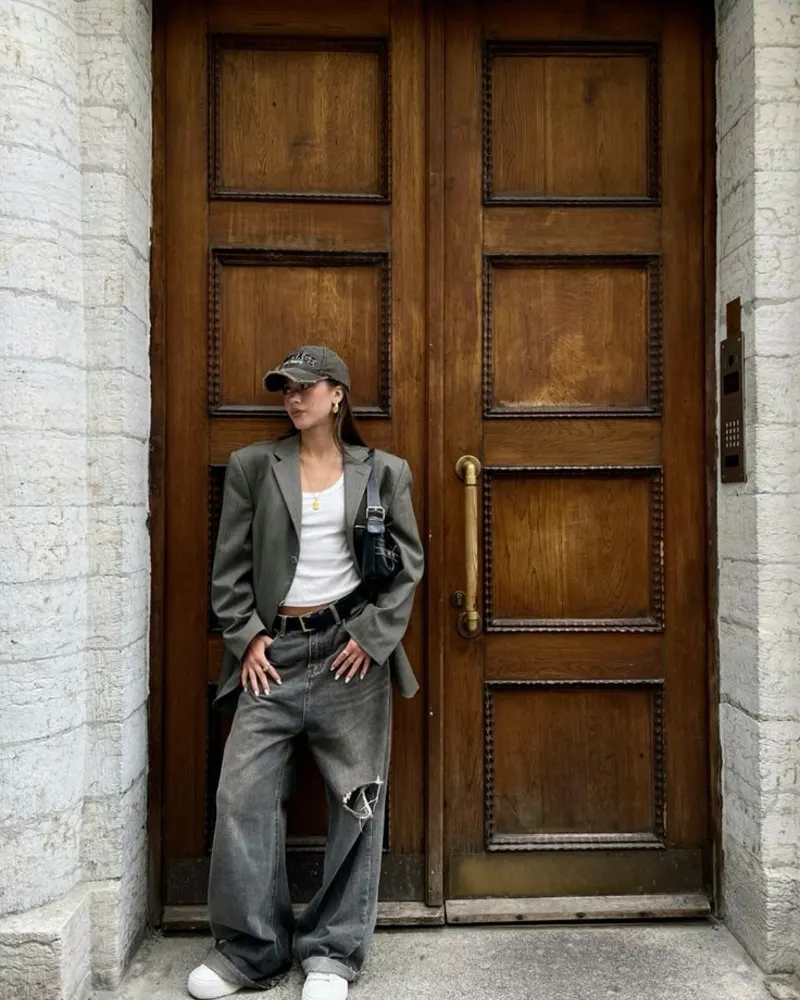Open Blazer Over Tank and Distressed Wide-Leg Jeans